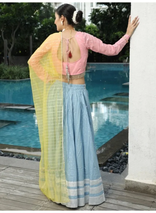 أيه كيه إس Powder Blue & Pink Dobby Design Lehenga Choli With Dupatta Set