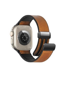 Watch Leather Band Compatible with Apple Watch Ultra 49mm 45mm 44mm 42mm, Genuine Leather Magnetic Clasp Strap for iWatch Ultra SE 2 Series 8 7 6 5 4 3 2 1 Men Women  Brown 