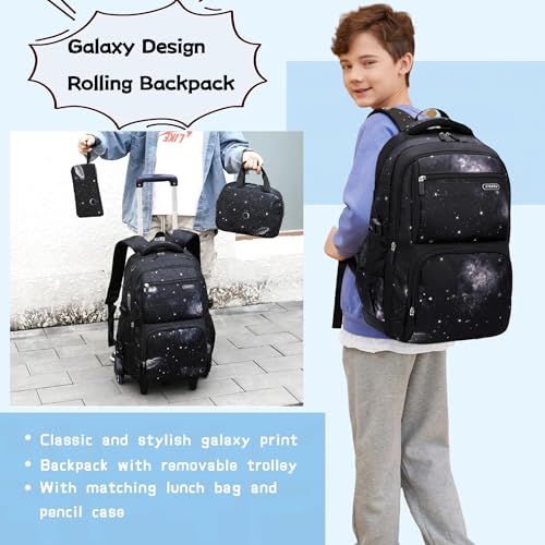 Bansusu 3Pcs Space Rolling Backpack for Boys with Lunch Bag, Wheel Trolley School Bag for Kids Backpack with Wheels - Image 2