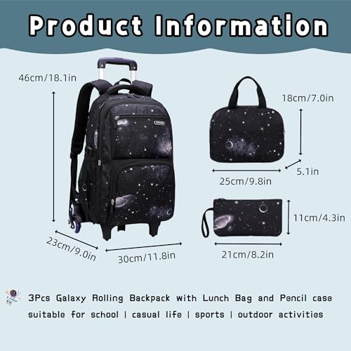 Bansusu 3Pcs Space Rolling Backpack for Boys with Lunch Bag, Wheel Trolley School Bag for Kids Backpack with Wheels - Image 3