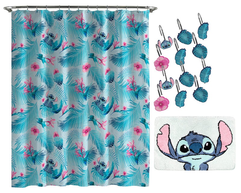 Jay Franco Disney Lilo & Stitch Floral Fun 14 Piece Bathroom Set - Includes Shower Curtain, 12 Hooks, & Non-Slip Bath Rug - Easy Care Fabric (Official Disney Product), Acrylic,Microfiber - Image 1