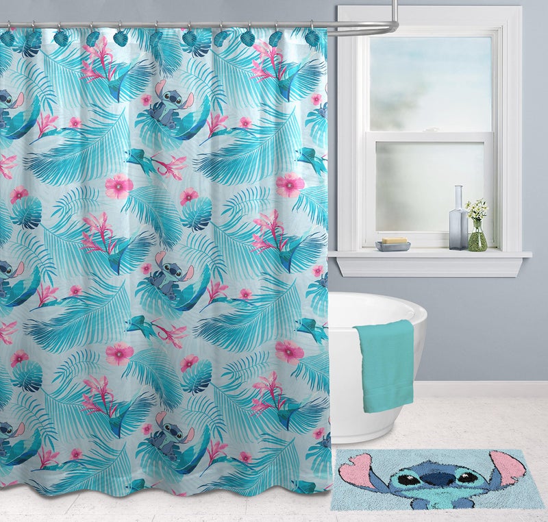 Jay Franco Disney Lilo & Stitch Floral Fun 14 Piece Bathroom Set - Includes Shower Curtain, 12 Hooks, & Non-Slip Bath Rug - Easy Care Fabric (Official Disney Product), Acrylic,Microfiber - Image 5