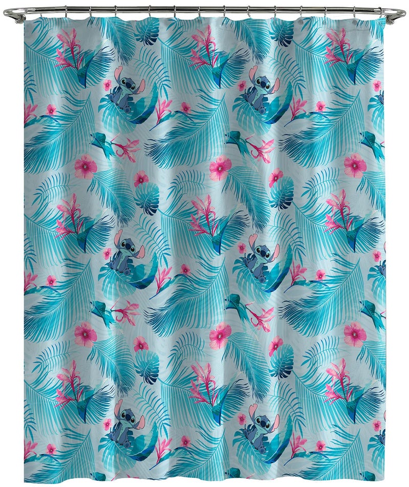Jay Franco Disney Lilo & Stitch Floral Fun 14 Piece Bathroom Set - Includes Shower Curtain, 12 Hooks, & Non-Slip Bath Rug - Easy Care Fabric (Official Disney Product), Acrylic,Microfiber - Image 2