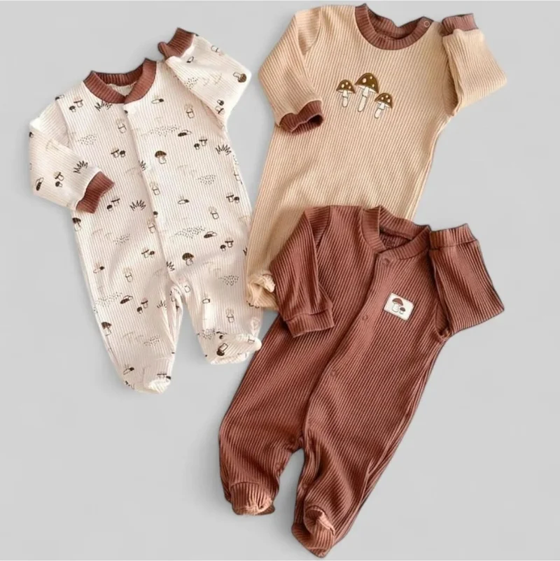 Necix's Altıntaş Baby Mushroom Detailed Snap-On Ribbed Seasonal 3-Piece Overalls Set