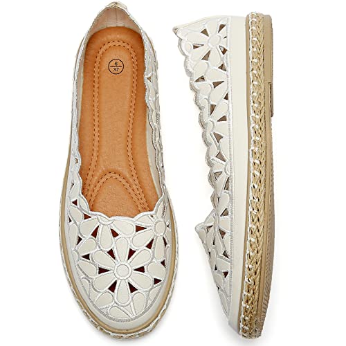 HEAWISH Women’s Ballet Flat Daisy Round Toe Dress Shoes Casual Slip On Rope Loafer(White, US8) - Image 1