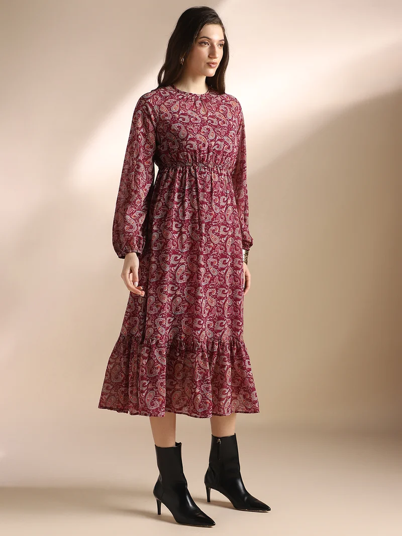 globus Globus Women Red Paisley Printed Bishop Sleeves Gathered & Pleat Tiered Fit & Flare Midi Dress