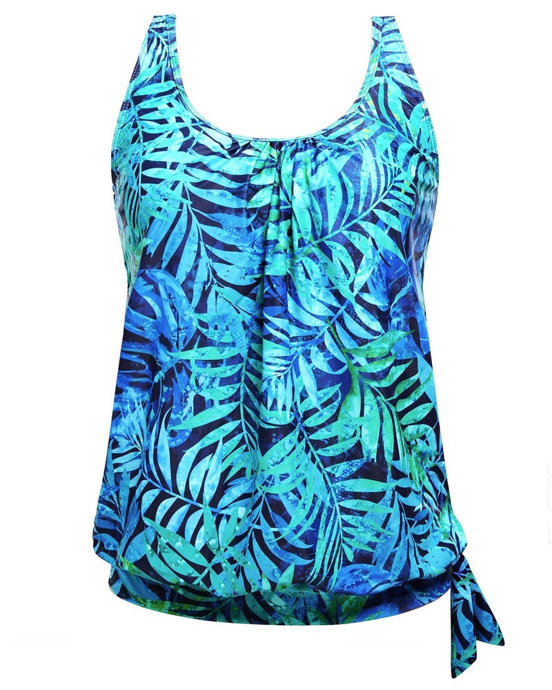 Yonique Womens Blouson Tankini Top Only Loose Fit Swim Top No Bottom Modest Swimsuit Blue Leaves Medium - Image 1