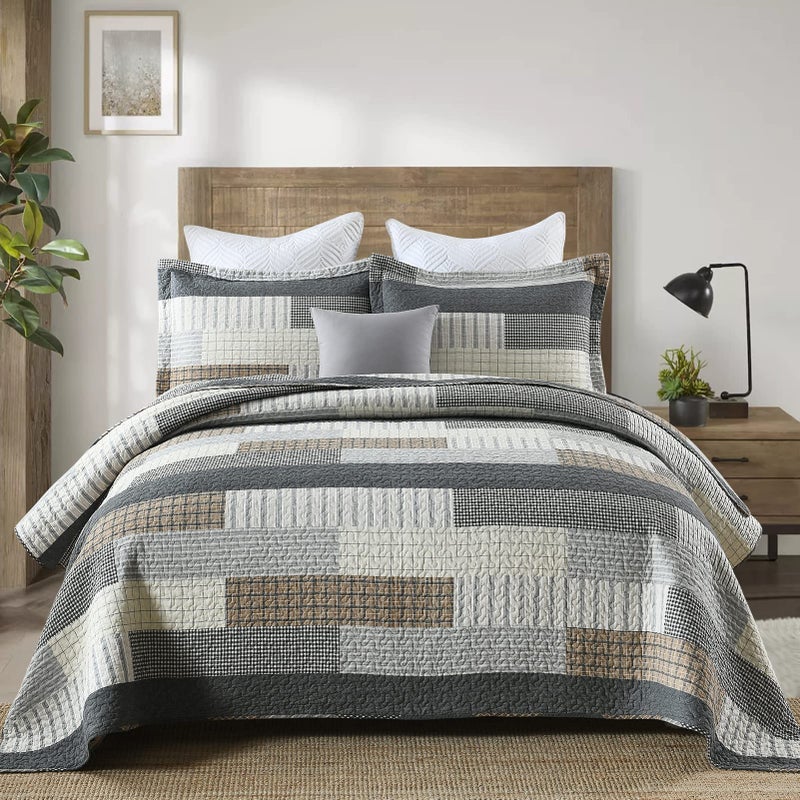 DUOHONG Quilts Queen Size, Queen Quilt Bedding Set Bedspread, 100% Cotton Patchwork Quilt for Queen Bed, 3 Pieces Plaid Farmhouse Reversible Lightweight Comforter Bed Spread, Grey/Tan/Black - Image 1