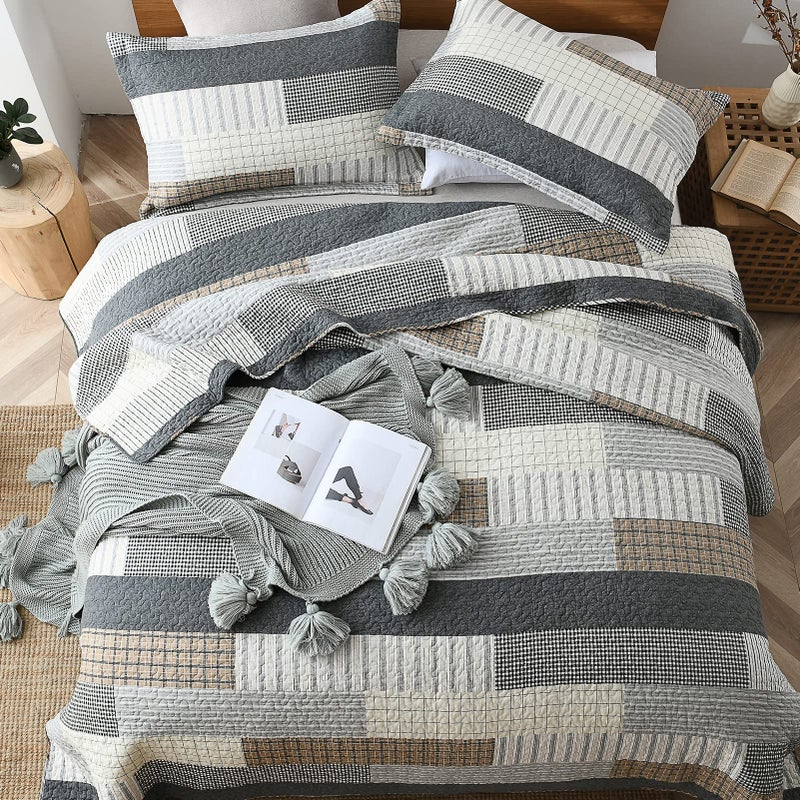 DUOHONG Quilts Queen Size, Queen Quilt Bedding Set Bedspread, 100% Cotton Patchwork Quilt for Queen Bed, 3 Pieces Plaid Farmhouse Reversible Lightweight Comforter Bed Spread, Grey/Tan/Black - Image 3