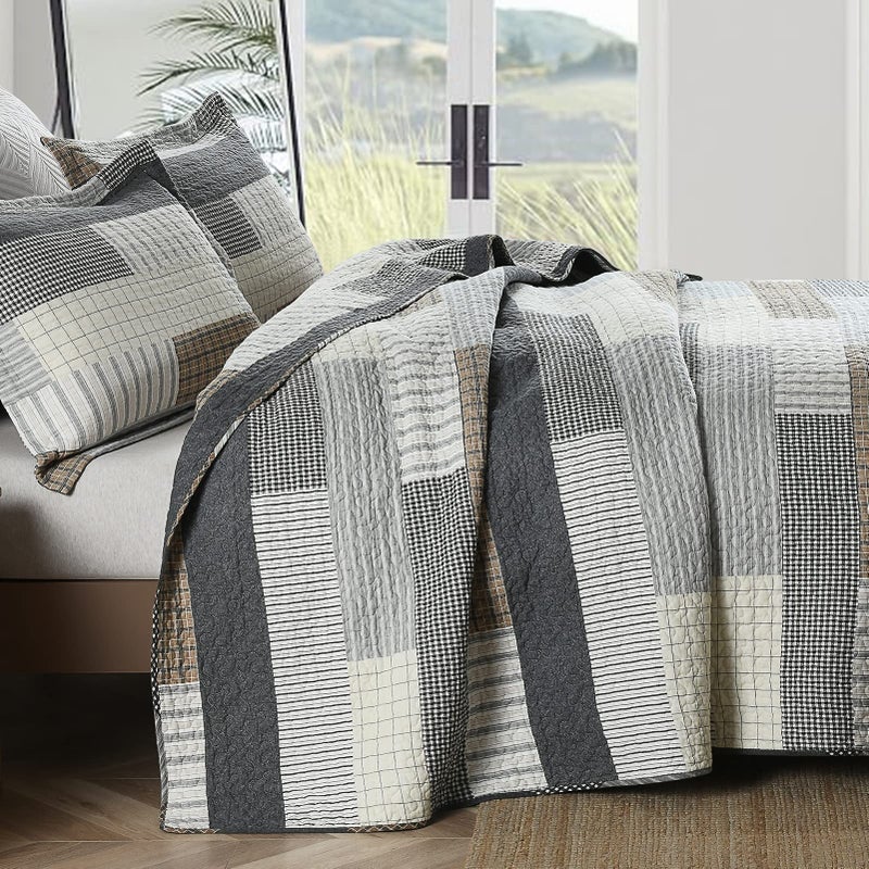 DUOHONG Quilts Queen Size, Queen Quilt Bedding Set Bedspread, 100% Cotton Patchwork Quilt for Queen Bed, 3 Pieces Plaid Farmhouse Reversible Lightweight Comforter Bed Spread, Grey/Tan/Black - Image 2