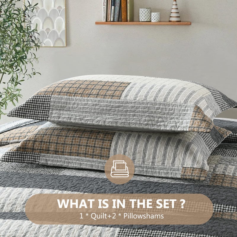 DUOHONG Quilts Queen Size, Queen Quilt Bedding Set Bedspread, 100% Cotton Patchwork Quilt for Queen Bed, 3 Pieces Plaid Farmhouse Reversible Lightweight Comforter Bed Spread, Grey/Tan/Black - Image 5