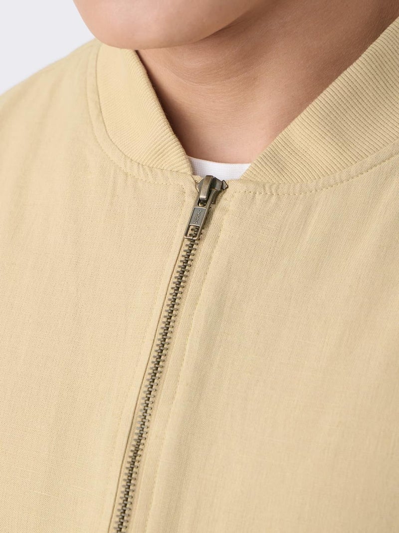 The Souled Store Cotton Linen Jacket: Dune Men and Boys Full Sleeves Band Neck Solid Lightweight Oversized Fit Casual Summer Streetwear Bomber Jacket - Image 2