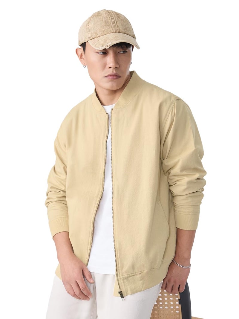 The Souled Store Cotton Linen Jacket: Dune Men and Boys Full Sleeves Band Neck Solid Lightweight Oversized Fit Casual Summer Streetwear Bomber Jacket - Image 1