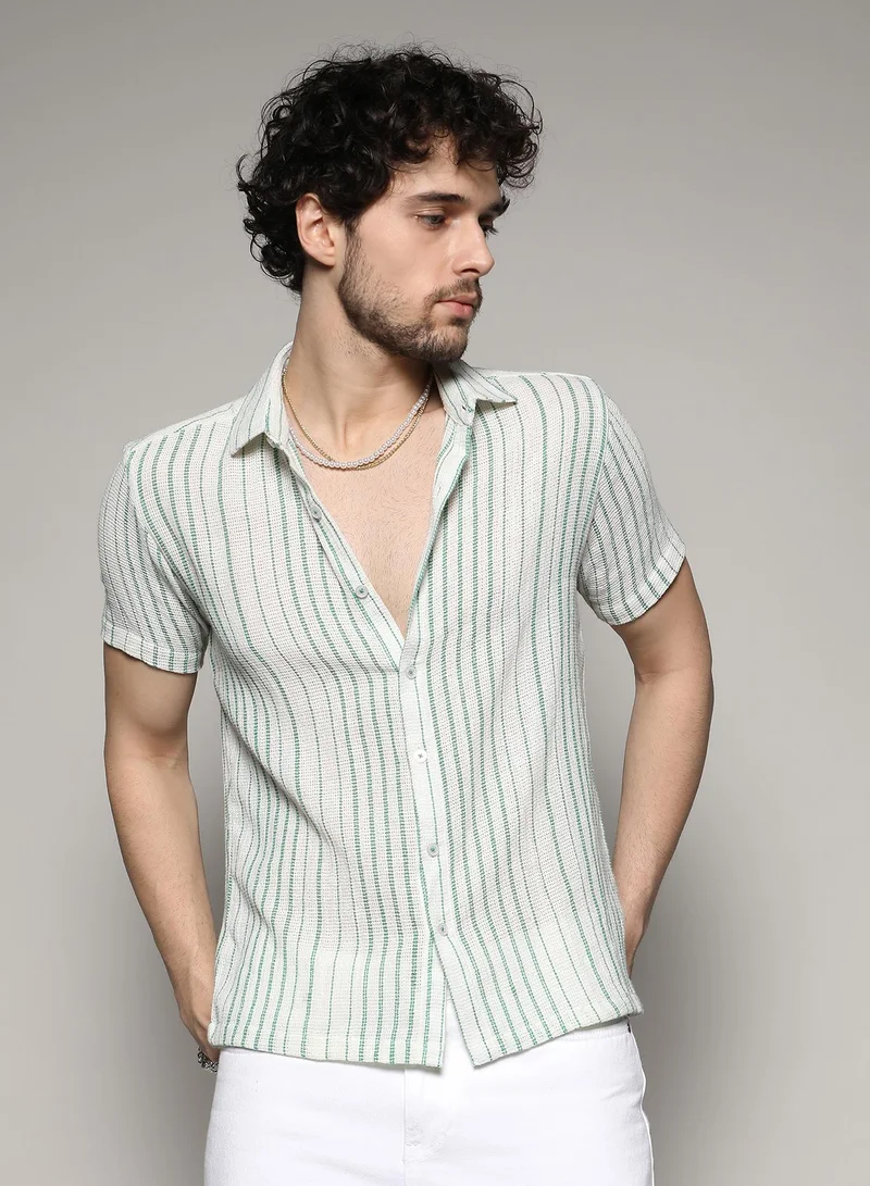 Campus Sutra Men's White & Green Unbalanced Striped Woven Shirt