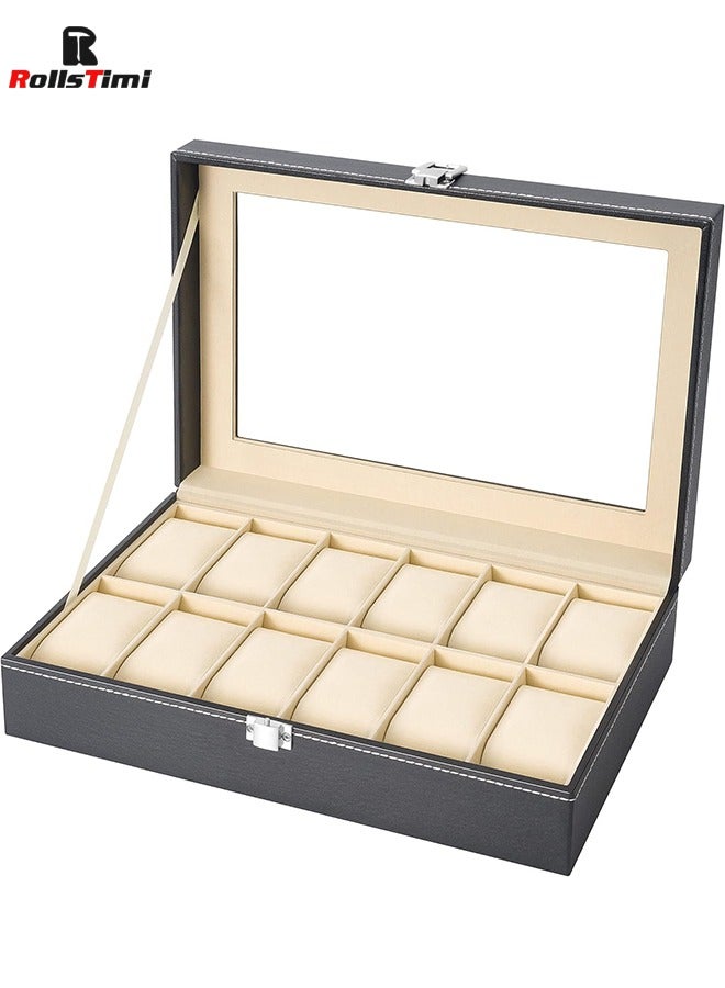 رولستيمي علبة ساعة ، حامل ساعة صندوق منظم ، 12 شبكة ساعة تخزين صينية عرض ، صندوق سفر مجوهرات سوداء - Image 1