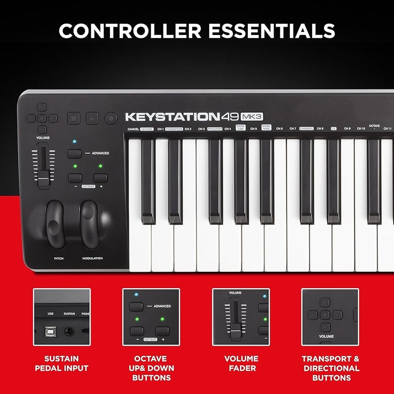 M-Audio Keystation 49 Mk3 | Compact Semi Weighted 49 Key Midi Keyboard Controller With Assignable Controls, Pitch/Modulation Wheels And Software Production Suite Included Usb Powered - Image 3