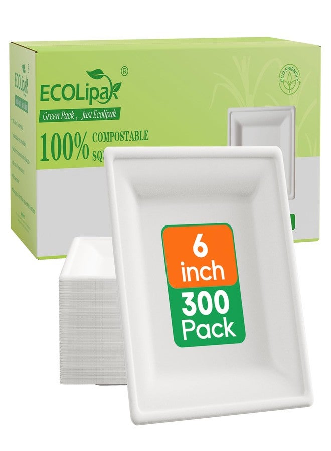 ECOLipak 6 Inch Compostable Square Paper Plates, 300 Count Heavy Duty White Small Paper Appetizer Plates, Disposable Biodegradable for Dessert Daily meals, Dinner, Parties, BBQ - Image 1