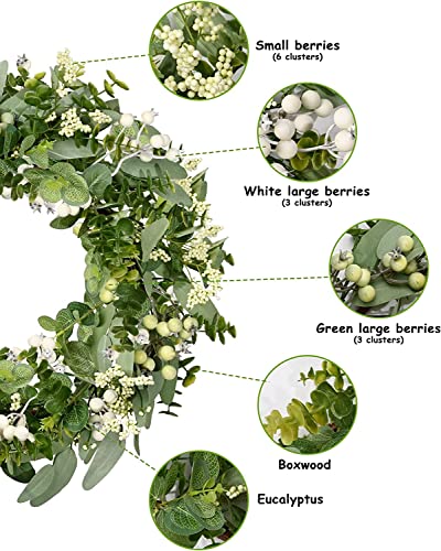 Vlorart Artificial Spring Summer Christmas Greenery Wreaths for Front Door Green Eucalyptus Leaf Wreath Decor Boxwood with Big Berries for Farmhouse Outside Year Round - Image 3