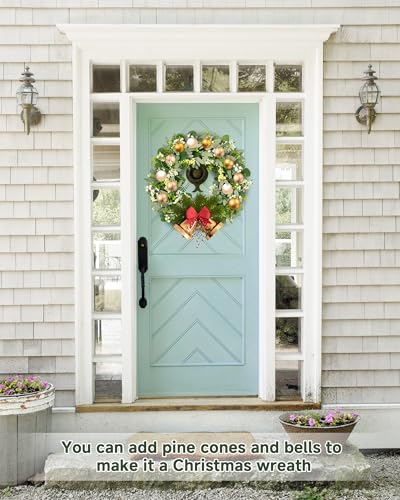 Vlorart Artificial Spring Summer Christmas Greenery Wreaths for Front Door Green Eucalyptus Leaf Wreath Decor Boxwood with Big Berries for Farmhouse Outside Year Round - Image 4