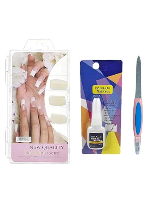 Pack of 100 Clear Nail Art Set, Full Coverage, 10 Sizes - With Nail Glue Bottle, Inner Brush - and Nail File