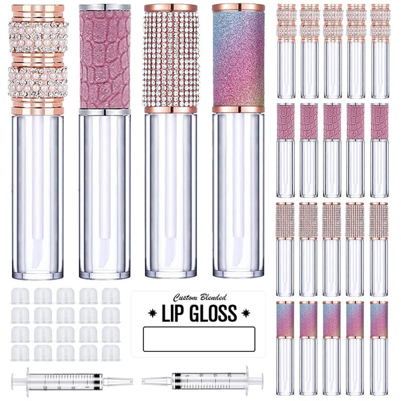 AMORIX 20 Pack Diamond Lip Gloss Tubes with Wand 5ml Empty Rhinestone Cute Lipgloss BottlesContainers Crystal Lip Gloss Supplies Kit  2pcs Syringes  Labels for DIY Lip Gloss Base