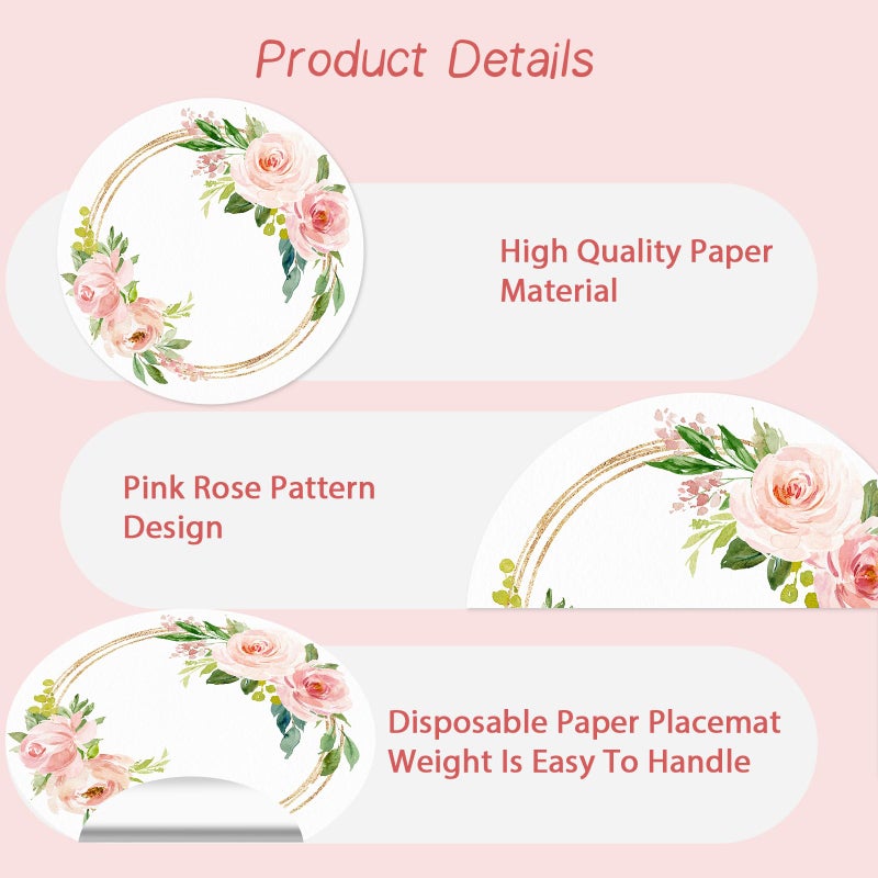 Tarklanda 100 Pack Paper Placemats Disposable Pink Floral Wedding Disposable Placemats 13.7 Inch Rose Floral Round Place Mats Spring Summer Table Mats for Birthday Wedding Anniversary Bride Party Supplies - Image 3