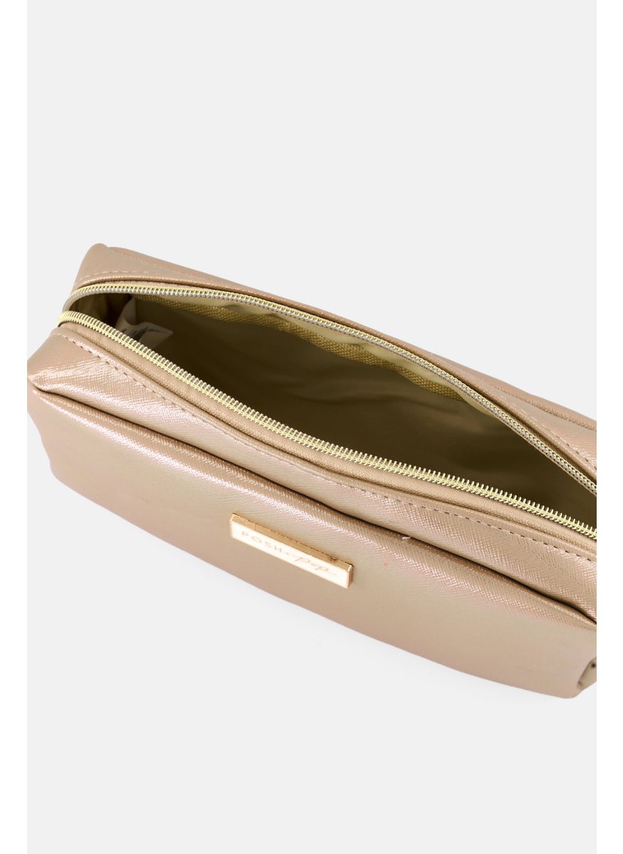 Posh  Pop Women Brand Logo Cosmetics Bag, Metallic Cream  - Image 3