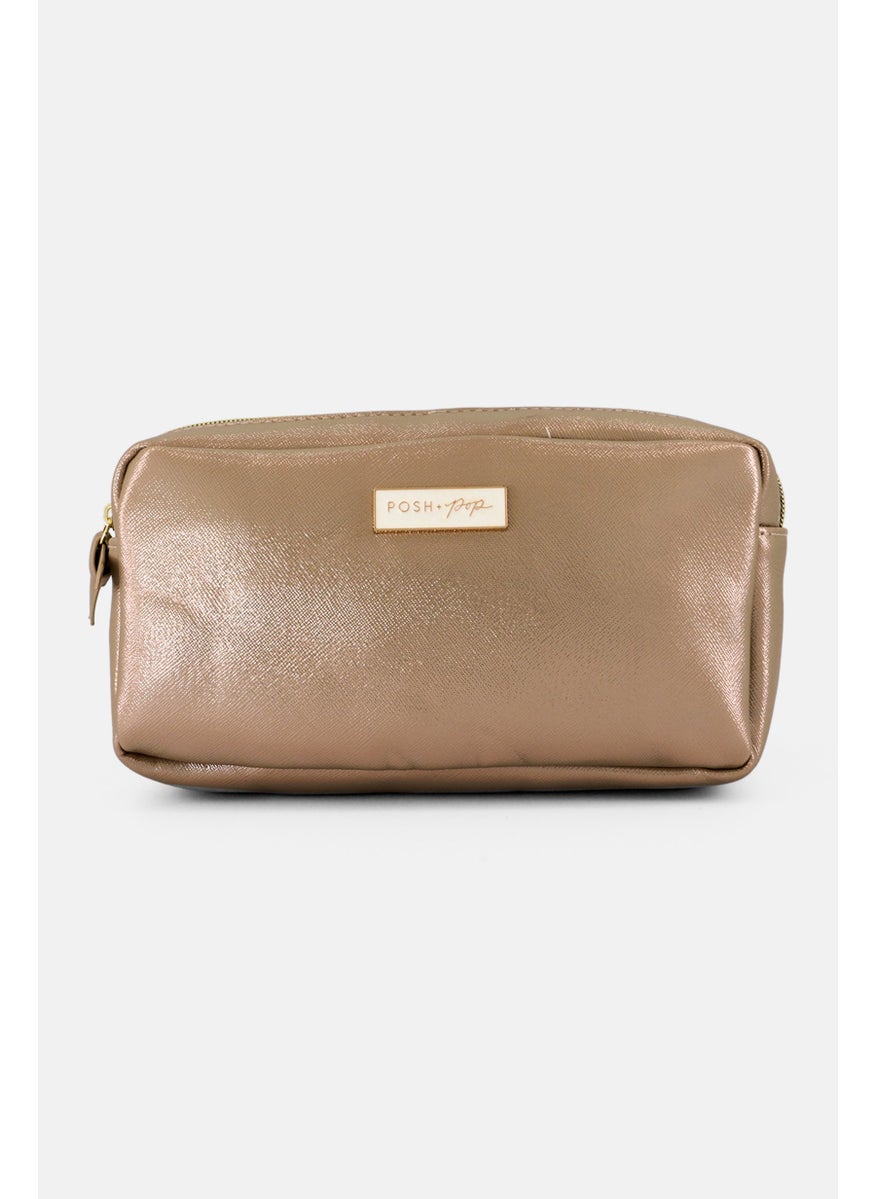 Posh  Pop Women Brand Logo Cosmetics Bag, Metallic Cream  - Image 1