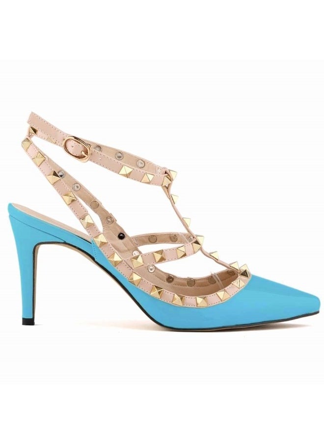Loquat Pointed Toe Riveted Contrast Cut-Out Stiletto Heels 8cm Blue  - Image 1