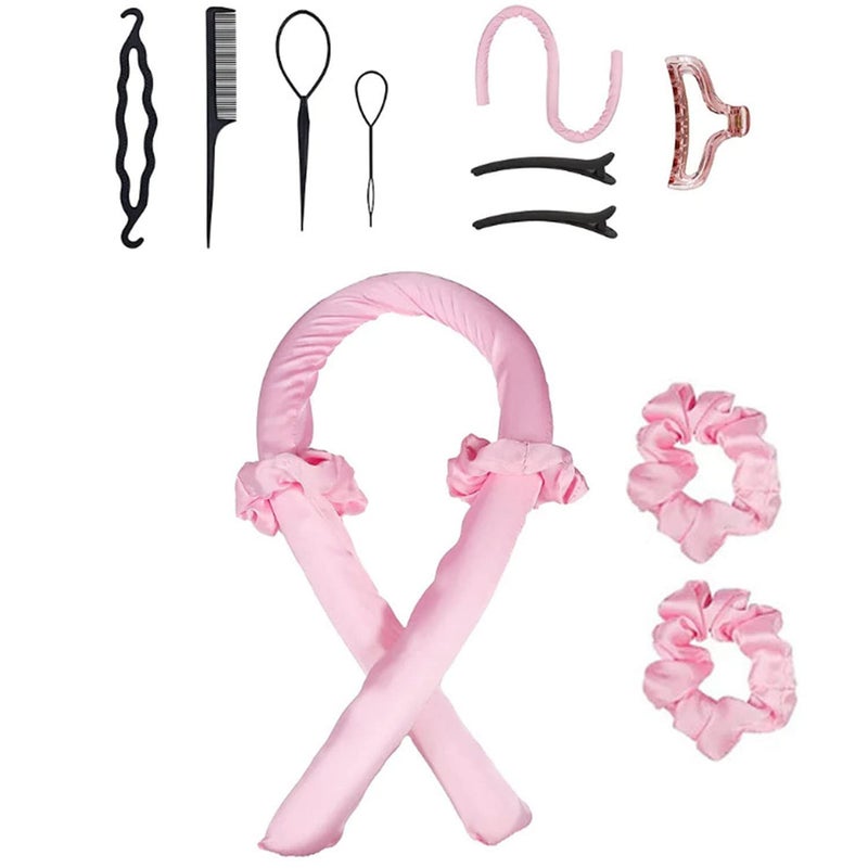 Heatless Curling Rod Headband - No heat ribbon curling iron 10-piece set pink Lazy natural soft wave DIY curling iron styling tools overnight sleep