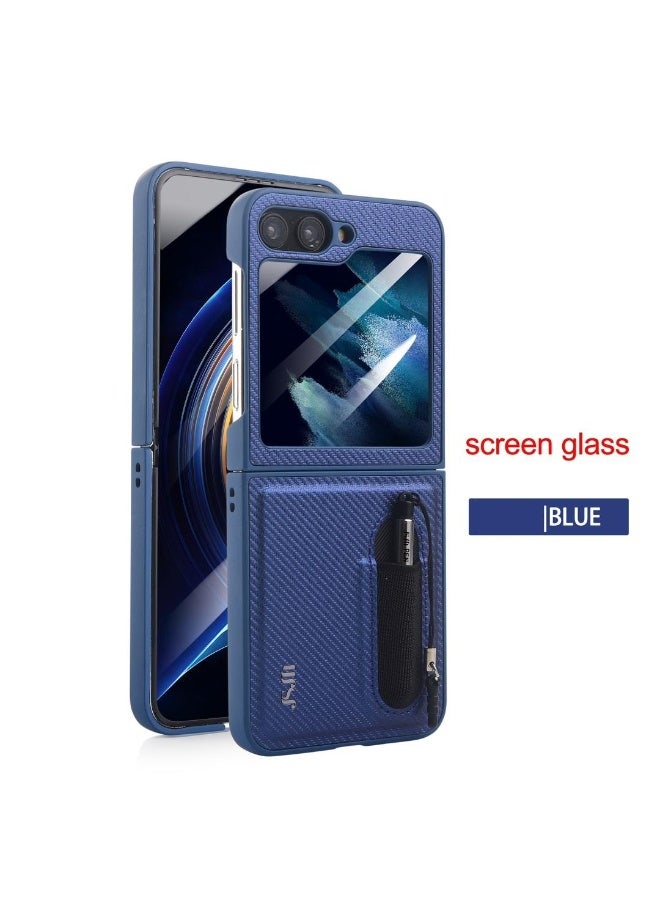 JSJM FLIP 4 - JSJM BACK CASE CARBON WITH PEN + GLASS COVER CASE FOR SAMSUNG GALAXY FLIP 4 ( Design - 118 ) [Blue Color] - Image 1