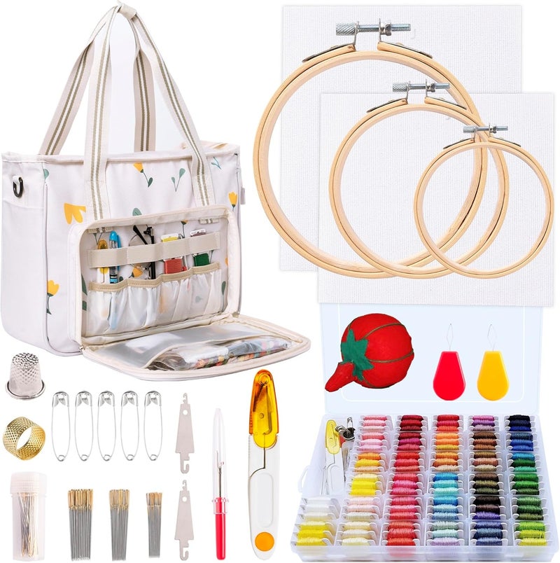Peirich Embroidery Kits Embroidery Storage Organizer Bag with Embroidery Floss Embroidery Hoop Aida Cloth Cross Stitch Kits for Beginner Adults - Image 1