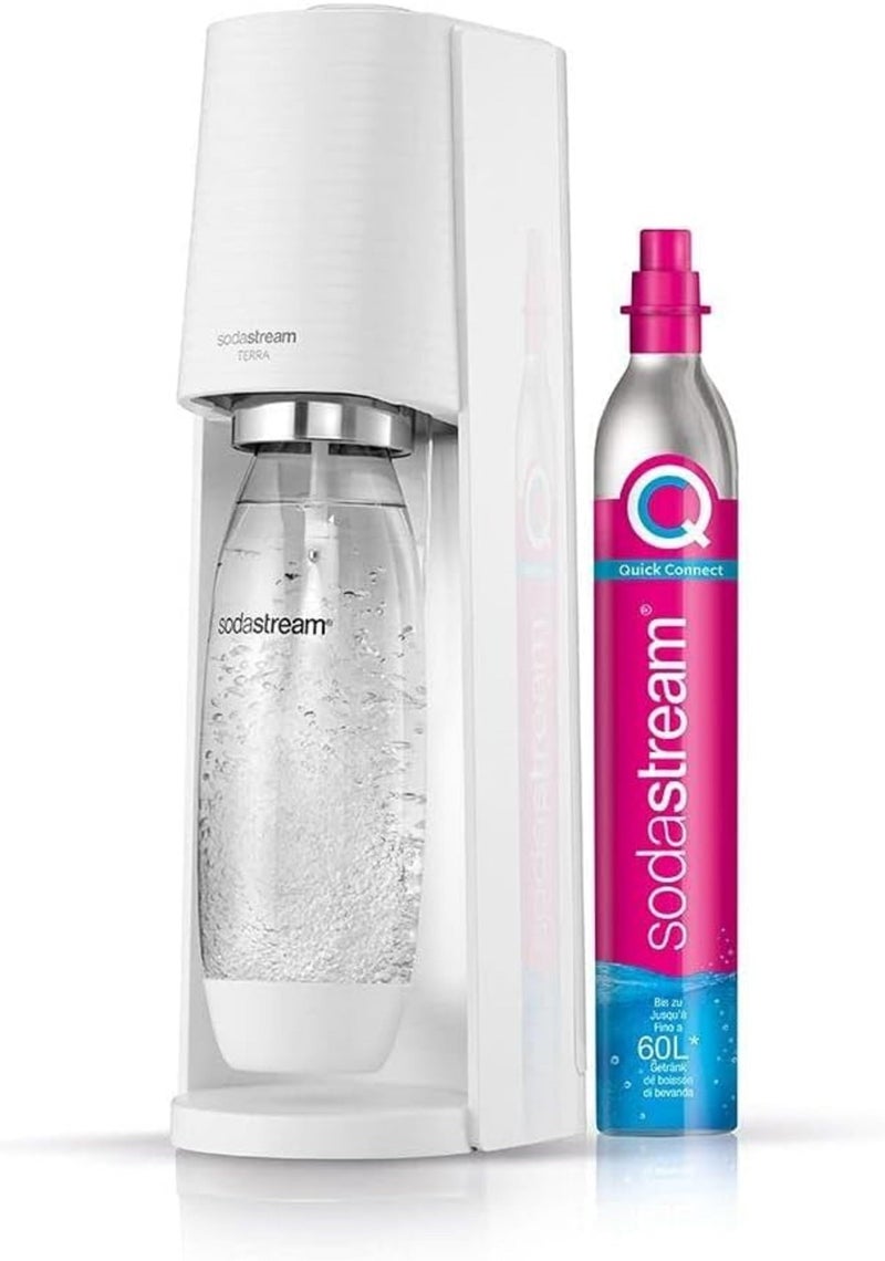 SodaStream صودا ستريم تيرا صانع المياه الغازية سهل الاستخدام آلة المياه الغازية 1 لتر زجاجة خالية من BPA 1 × أسطوانة CO2 سريعة الاتصال تصنع 60 لتر استبدال البلاستيك أحادي الاستخدام مزج مع شراب بيبسي أبيض
