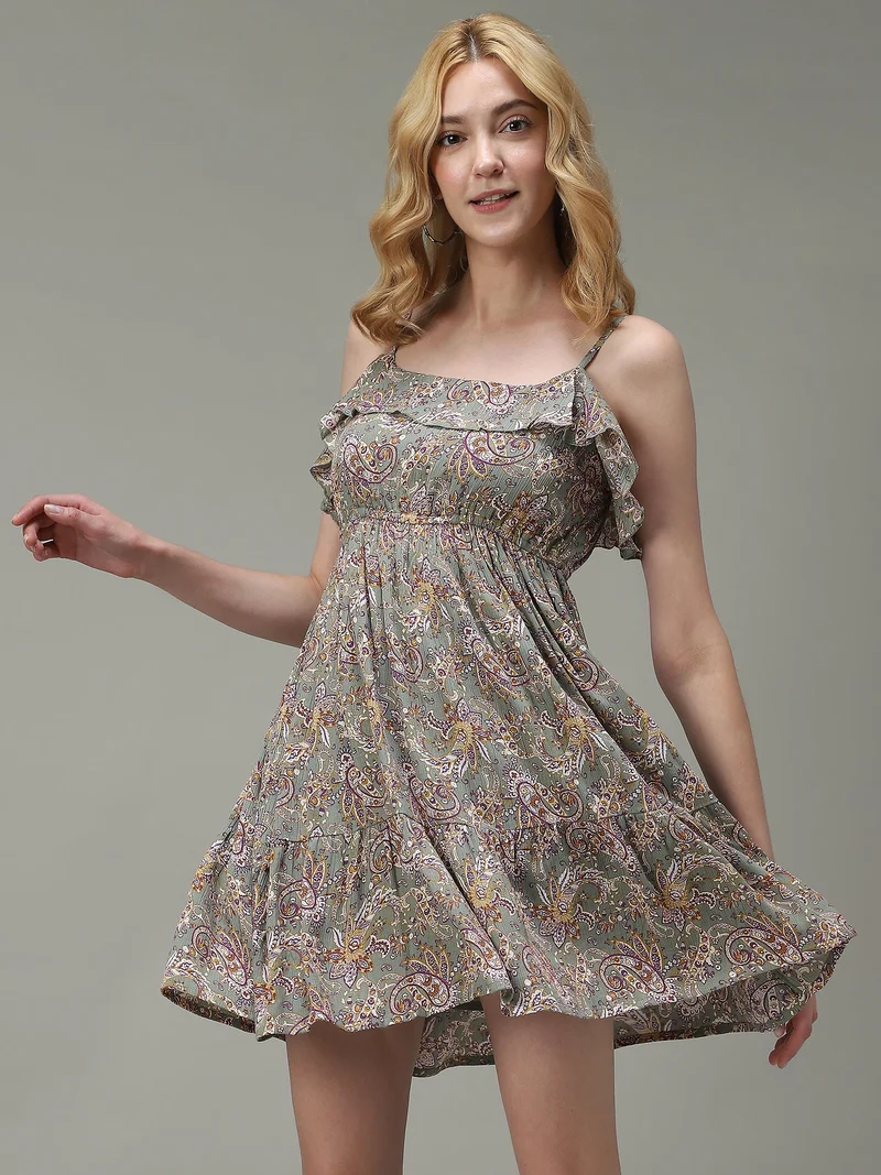 OUTZIDR Green Noodle Stap Printed Dress