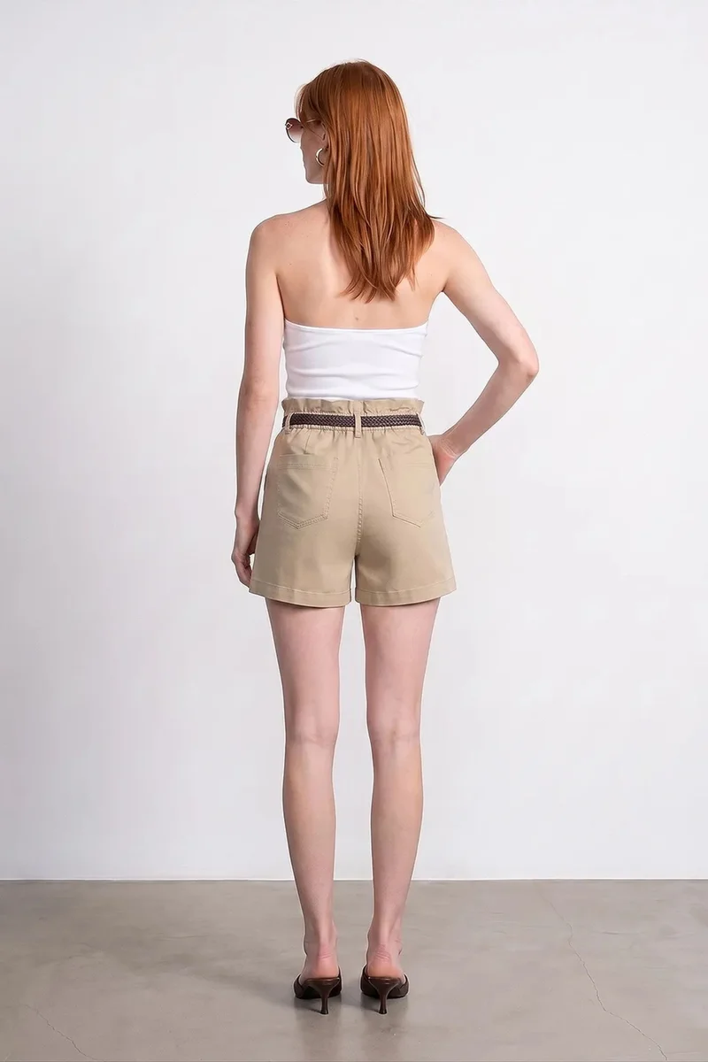 Dilvin Beige Natural DILVIN High-Waist Belted Chino Shorts for Women | Best Price UAE