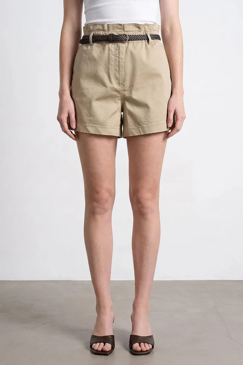 Dilvin Beige Natural DILVIN High-Waist Belted Chino Shorts for Women | Best Price UAE