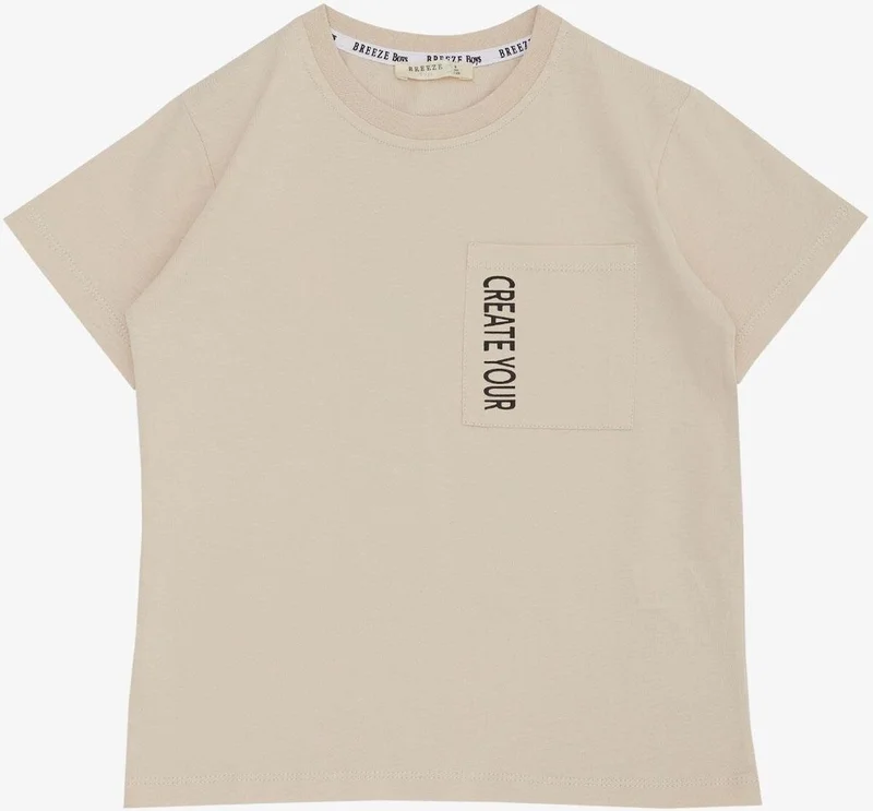 Breeze Boy's T-Shirt with Pockets and Printed Text, Ages 6-12, Beige