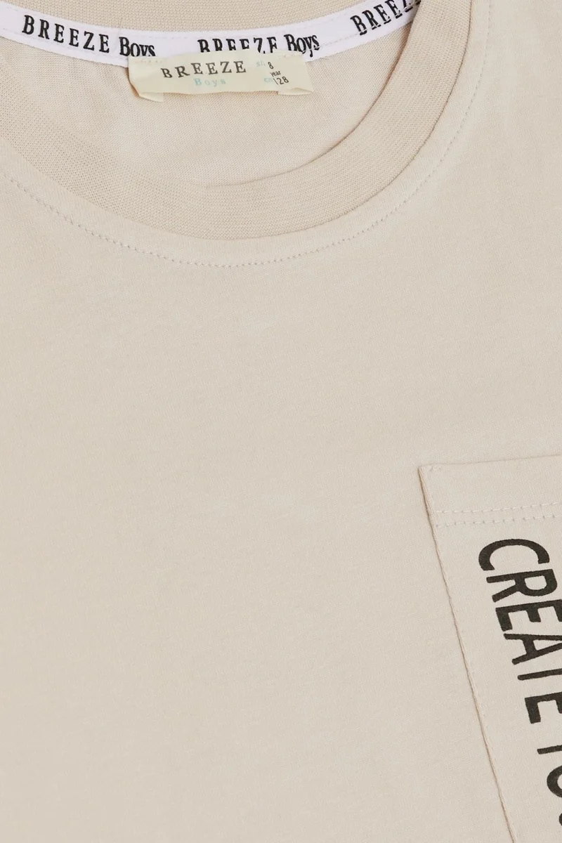 Breeze Boy's T-Shirt with Pockets and Printed Text, Ages 6-12, Beige