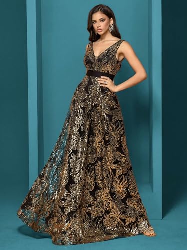 XUIBOL Sleeveless Glitter Sequined Womens Long Formal Gown Aline Prom Dress for Anchorwoman Floor Length Evening Dress Black Gold S - Image 2