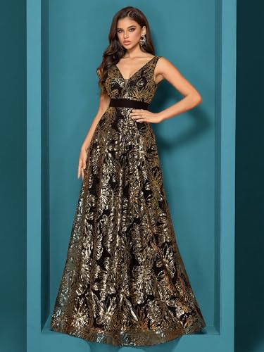 XUIBOL Sleeveless Glitter Sequined Womens Long Formal Gown Aline Prom Dress for Anchorwoman Floor Length Evening Dress Black Gold S - Image 5
