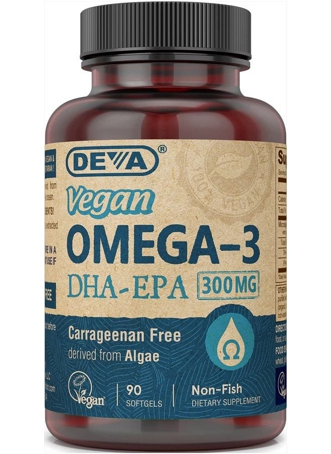Deva Vegan Omega-3 DHA EPA Supplement Once-Per-Day Softgel 300 MG - Carrageenan Gelatin & Gluten Free - Non-Fish Algae Oil Fatty Acids - 90 Softgels  - Image 1