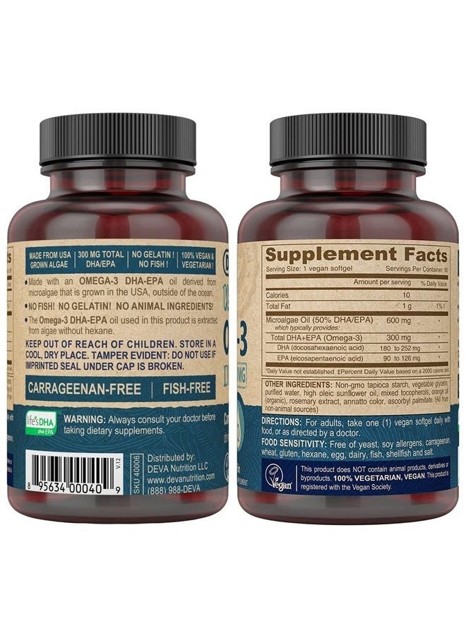 Deva Vegan Omega-3 DHA EPA Supplement Once-Per-Day Softgel 300 MG - Carrageenan Gelatin & Gluten Free - Non-Fish Algae Oil Fatty Acids - 90 Softgels  - Image 2