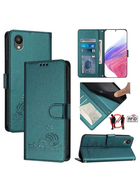 For Samsung Galaxy A04 Core/A03 Core 4G Cat Rat Embossed Pattern RFID Leather Phone Case with Lanyard(Peacock Green)