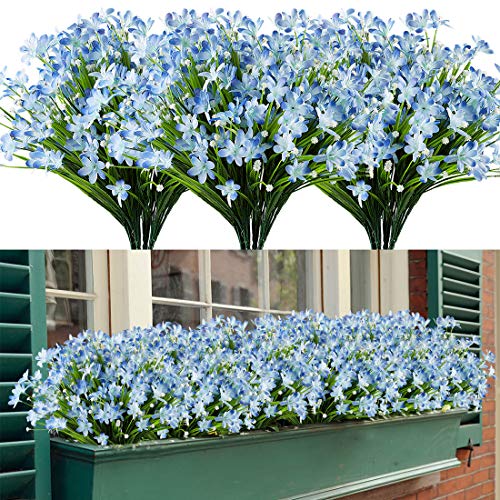 HAPLIA 8 Bundles Artificial Daffodils Flowers Fake Artificial Greenery UV Resistant No Fade Faux Plastic Plants for Wedding Bridle Bouquet Indoor Outdoor Home Garden Kitchen Office Table Vase Blue