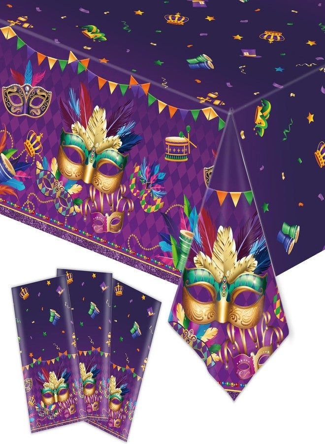 SpinLaLa 3-Piece 54 x 108 Inch Mardi Gras Plastic Tablecloth – Purple Green Gold Diamond Disposable Table Covers with Masquerade Mask and Feather Designs for Carnival Parties, Parades Fat Tuesday Celebrations - Image 1