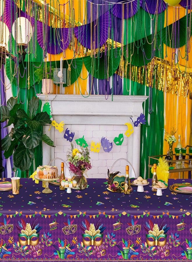 SpinLaLa 3-Piece 54 x 108 Inch Mardi Gras Plastic Tablecloth – Purple Green Gold Diamond Disposable Table Covers with Masquerade Mask and Feather Designs for Carnival Parties, Parades Fat Tuesday Celebrations - Image 4
