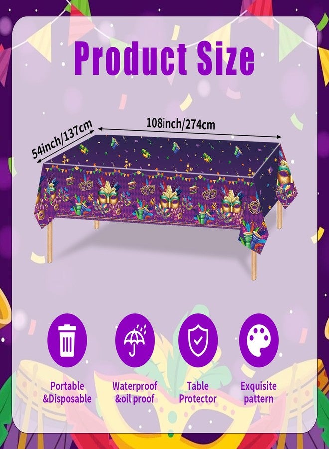 SpinLaLa 3-Piece 54 x 108 Inch Mardi Gras Plastic Tablecloth – Purple Green Gold Diamond Disposable Table Covers with Masquerade Mask and Feather Designs for Carnival Parties, Parades Fat Tuesday Celebrations - Image 2