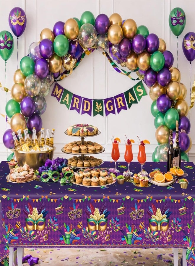 SpinLaLa 3-Piece 54 x 108 Inch Mardi Gras Plastic Tablecloth – Purple Green Gold Diamond Disposable Table Covers with Masquerade Mask and Feather Designs for Carnival Parties, Parades Fat Tuesday Celebrations - Image 5
