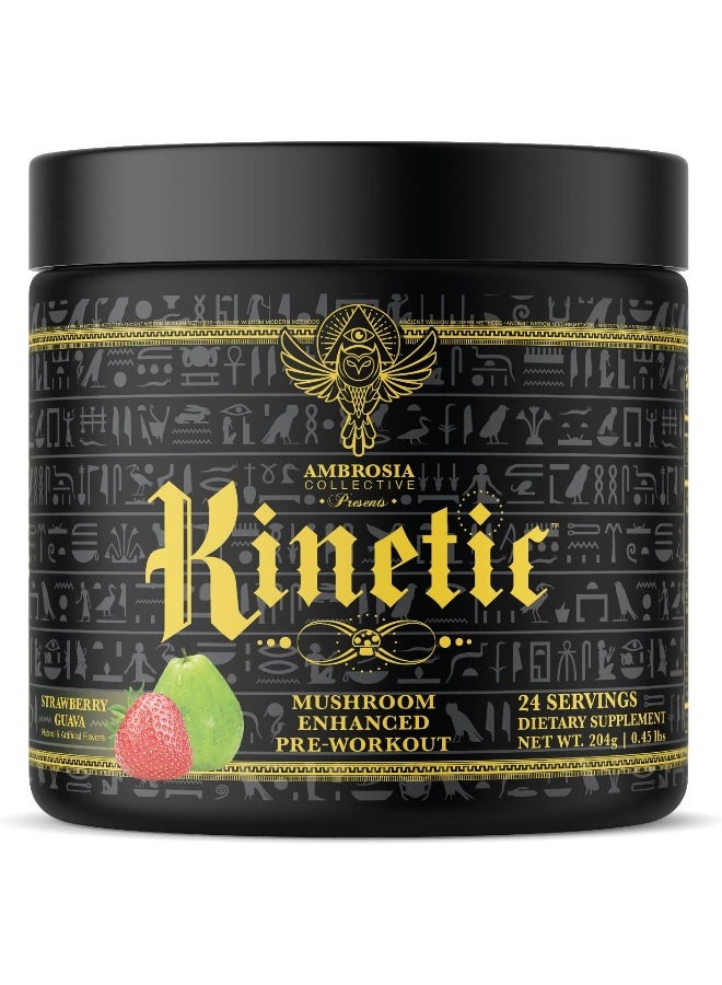 Ambrosia Kinetic Organic Preworkout, Mushroom Enhanced Natural Pre Workout Supplement, Nootropic Superfood Powder For Energy Strawberry Guava - Image 1