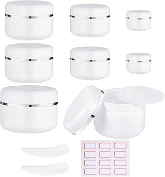 Thboxes 8 Pcs Cosmetic Sample Jars Including 10ml30ml50ml100ml Travel Pots for Toiletries with Spatulas Tool and Labels for Creams Makeup Sample Glitter Nail Art Storage - Image 1